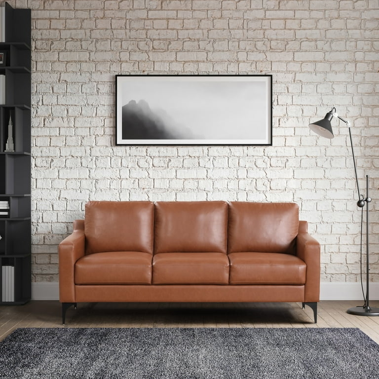 Sofa Brown Tapered Black Legs Track Arm Cognac Faux Leather Couch