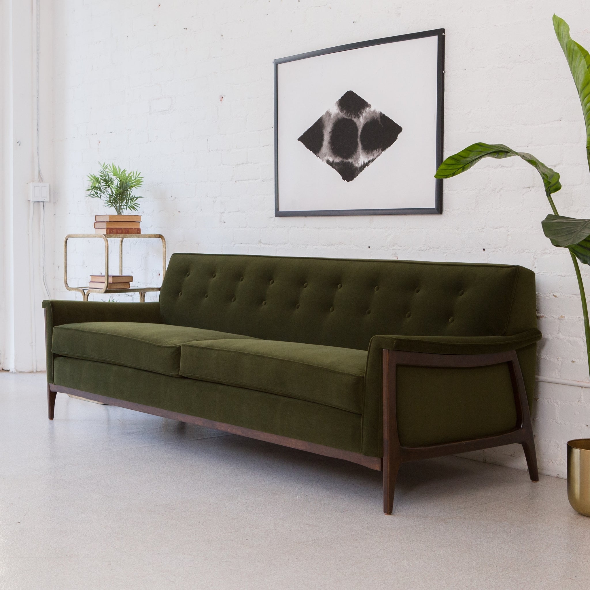 Sofa: Button Back Walnut Base Mid-Century Tufted Couch