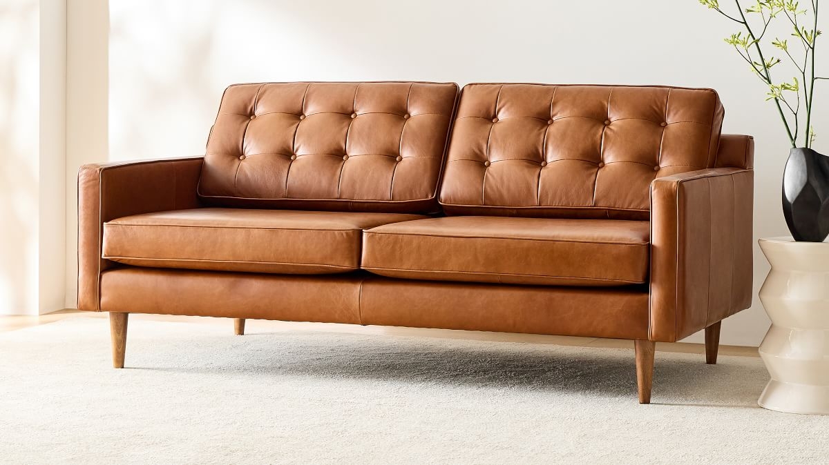 Sofa Button Tufted Back Warm Tan Leather Look Seating