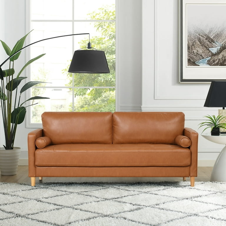 Sofa Caramel Brown Bolster Pillows Caramel Faux Leather Sofa
