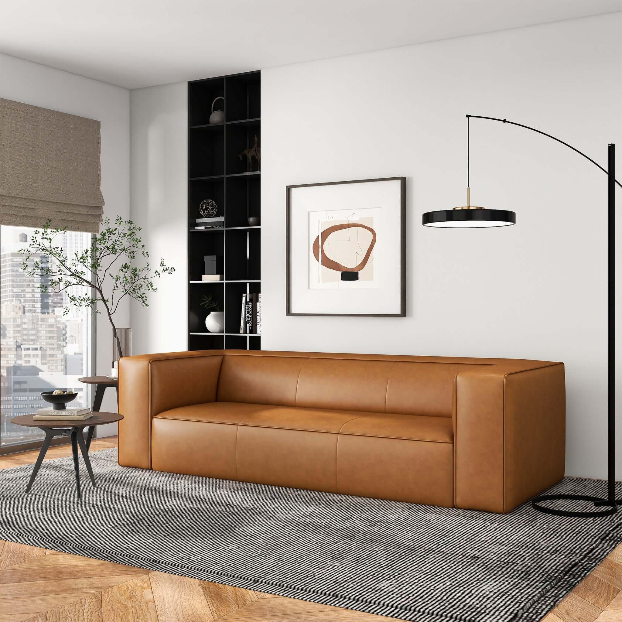 Sofa Cognac Tan Block Base Vertical Stitching Cognac Block Base Sofa