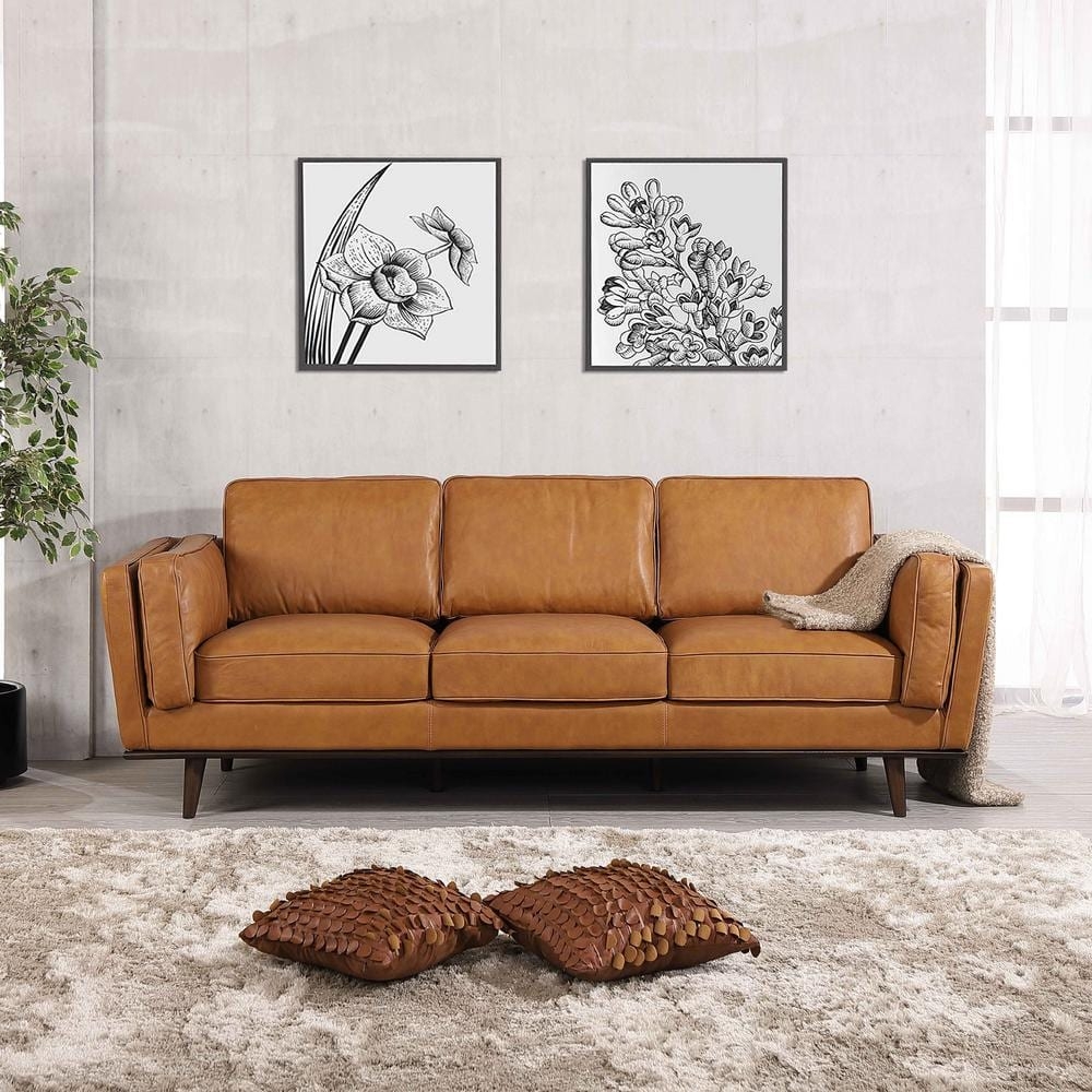 Sofa Cognac Tan Leather Three Cushion Back MCM Styling