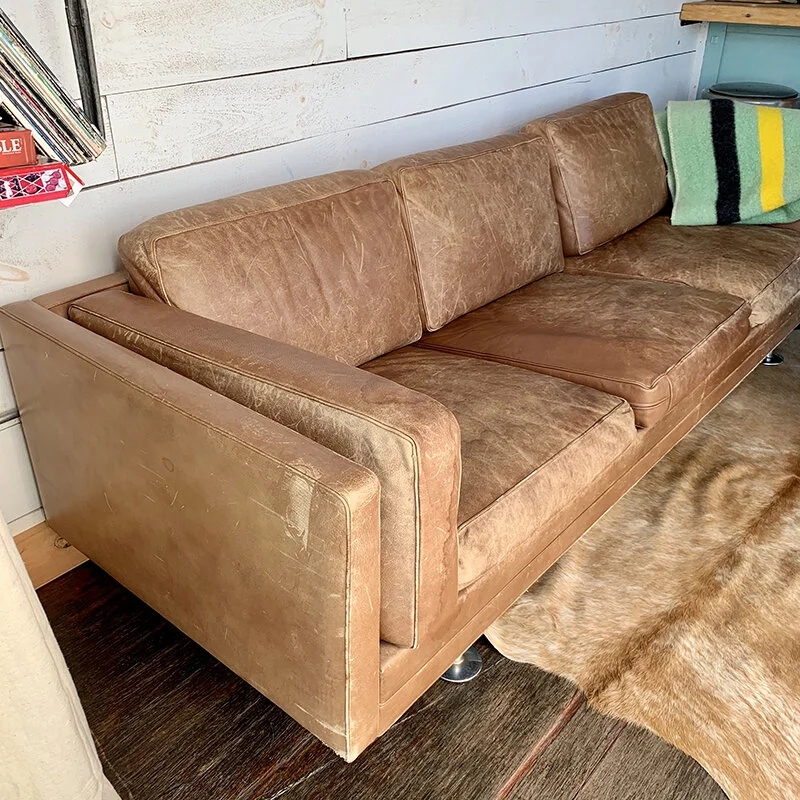 Sofa Distressed Leather-Like Square Track Arms Patina
