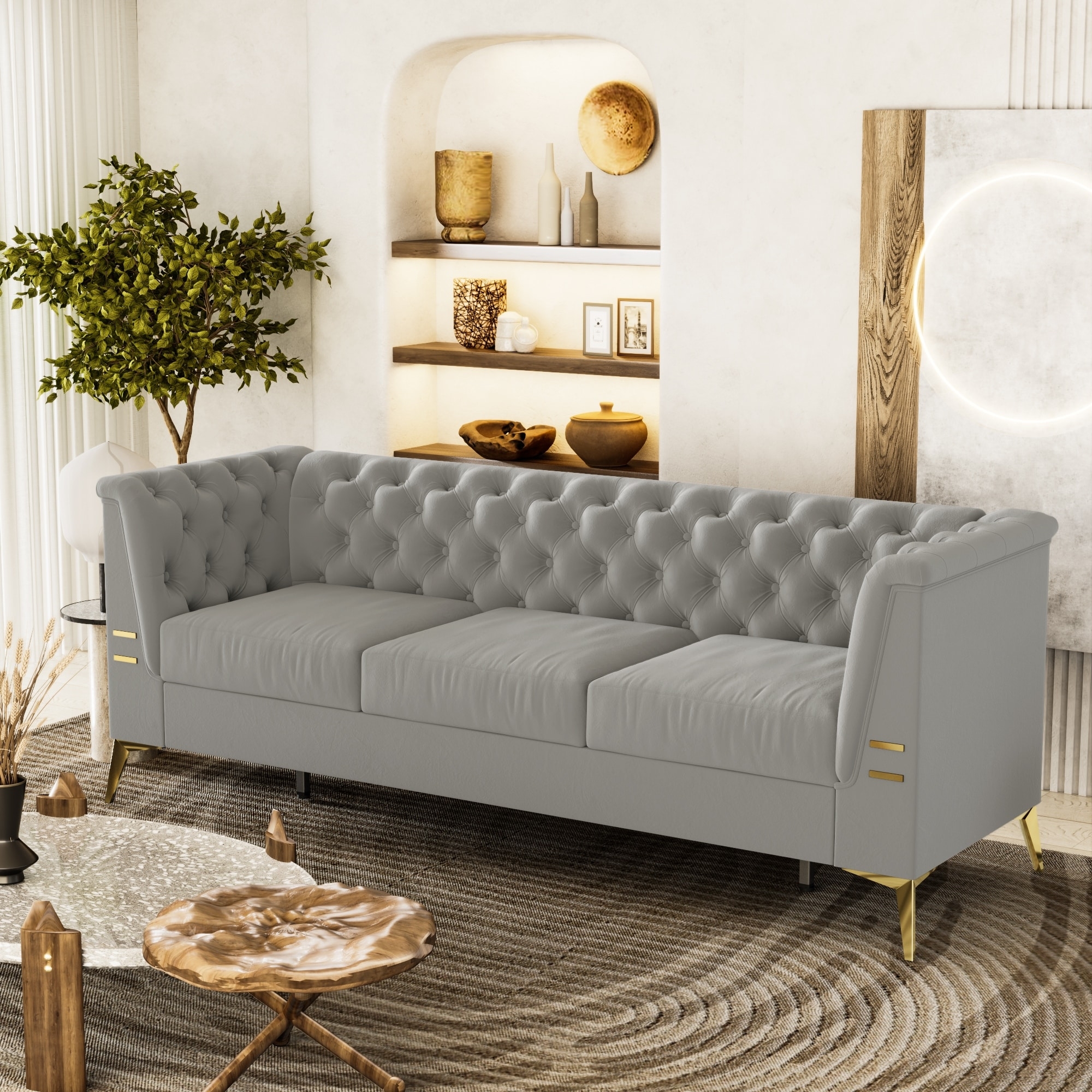Sofa Dove Gray Velvet Metal Arm Accents Seating Decor
