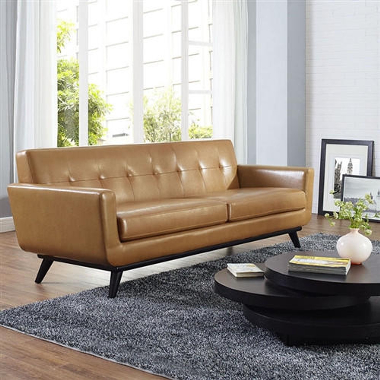 Sofa Flared Legs Caramel Tan Button Tufted Seating