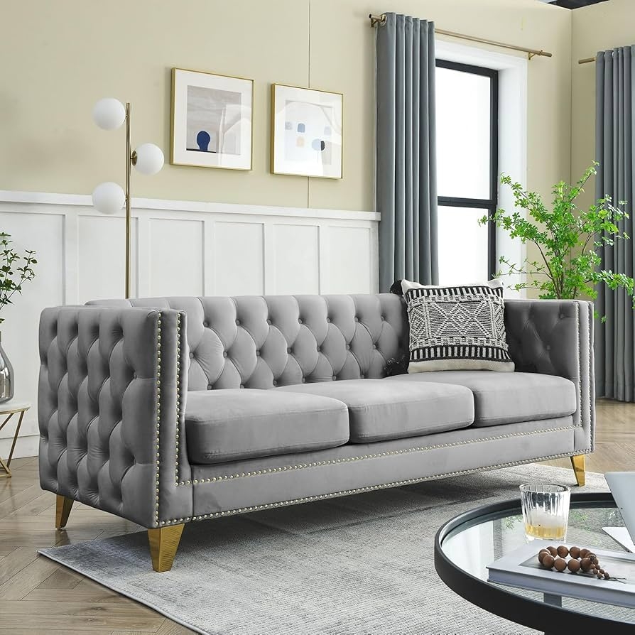 Sofa Grey Velvet with Tapered Gold Legs Glam Seating