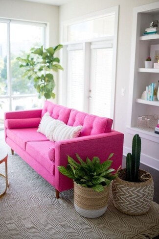 Sofa Hot Pink Tufted Sofa With Boho Woven Plant Basket