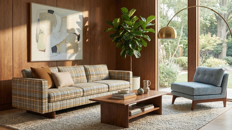 Sofa: Plinth Base Tartan Fabric Plaid Mid-Century Modern Design