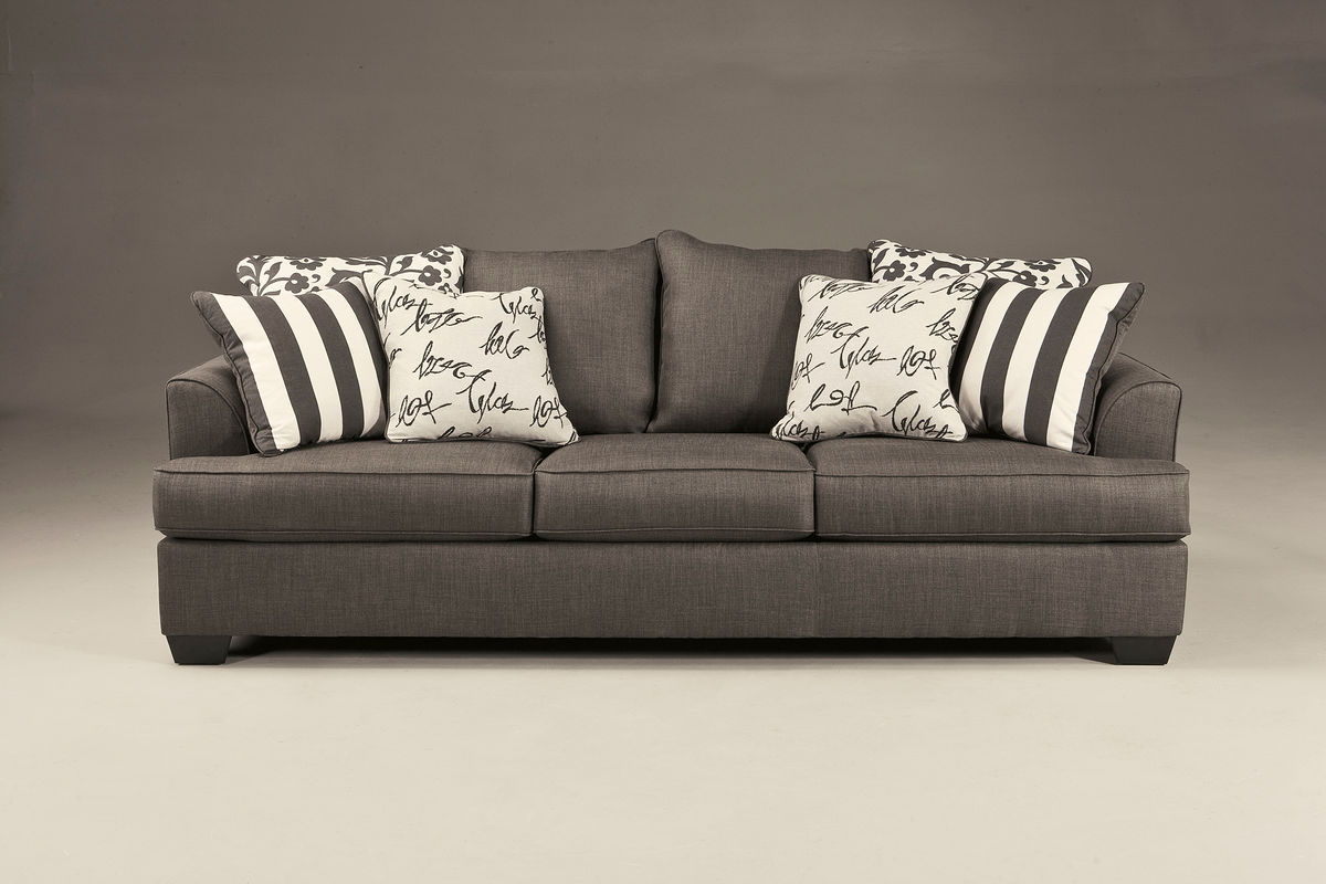 Sofa Recessed Arms Mixed Pattern Pillow Grey Couch