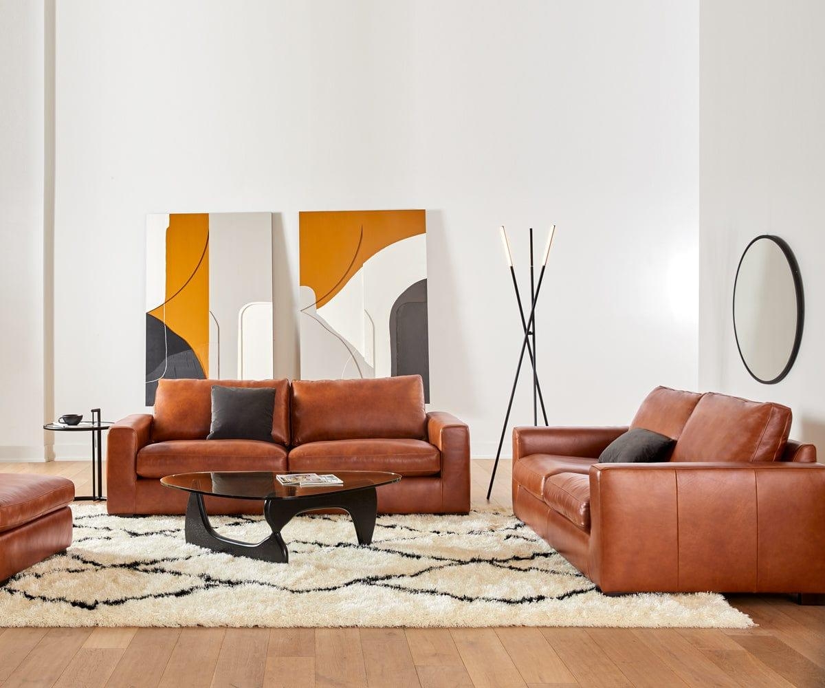 Sofa Set Cognac Leather Sculptural Glass Coffee Table