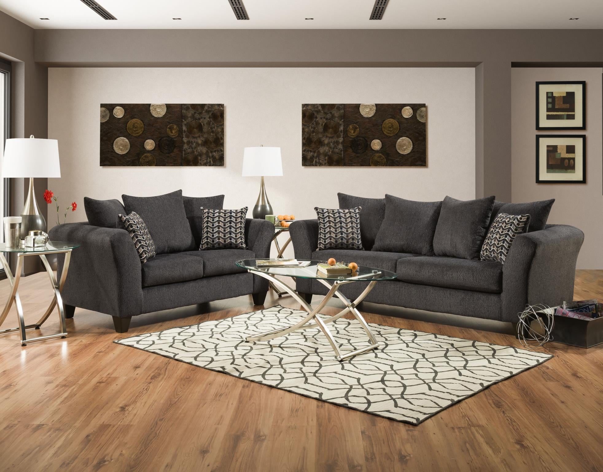 Sofa Set Crossed Metal Base Slate Fabric Living Group