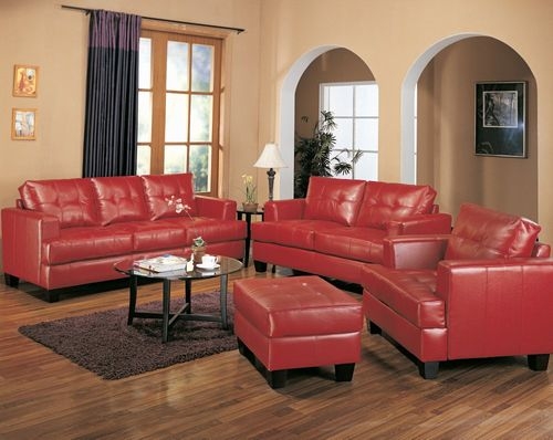 Sofa Set In Crimson Red Leather-Like Set With Glass Coffee Table