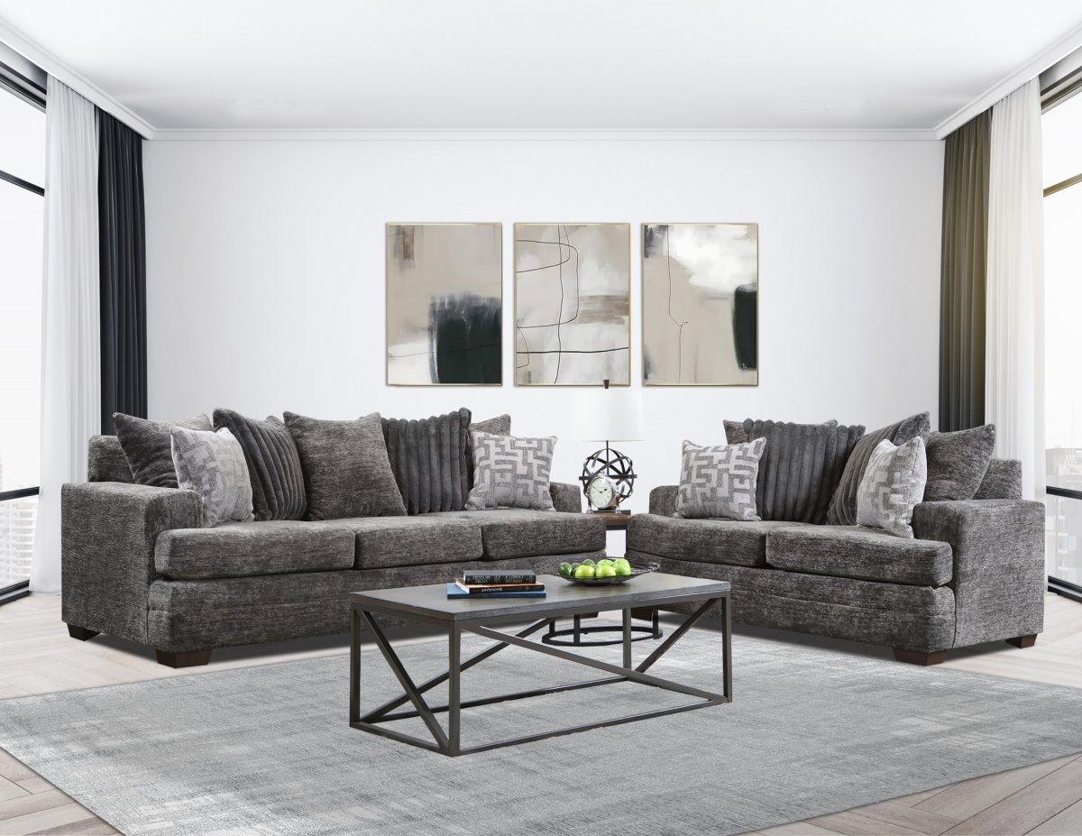 Sofa Set Ribbed Back Pillows Textured Grey Seating