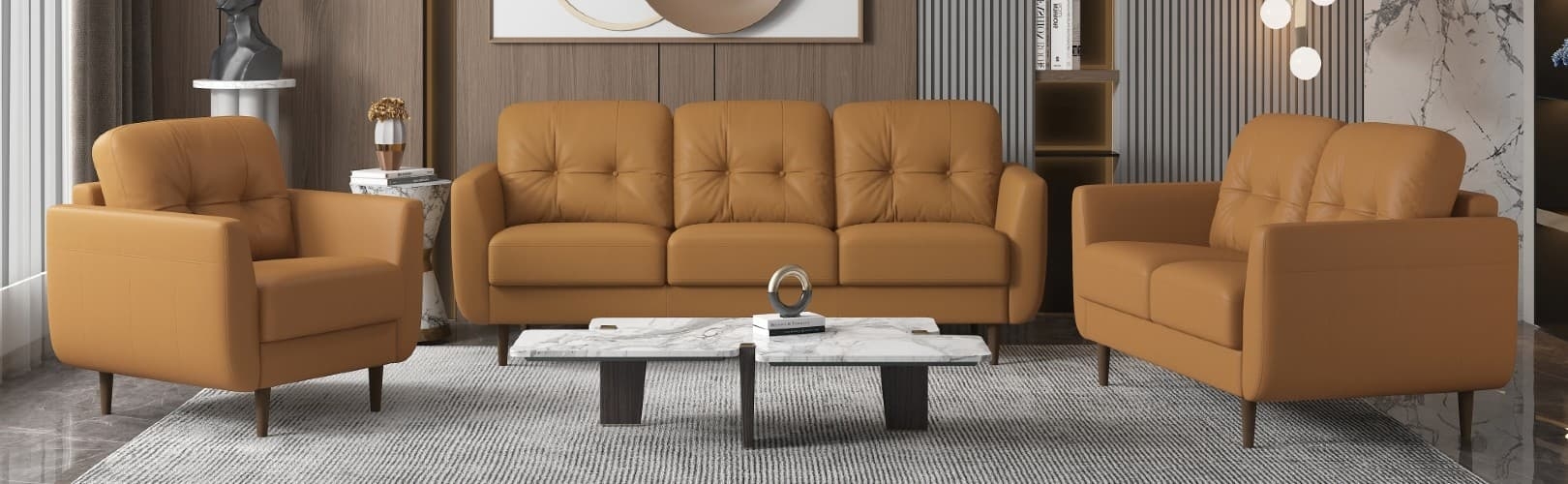 Sofa Set Single Button Tufting Mid-Century Modern Seating