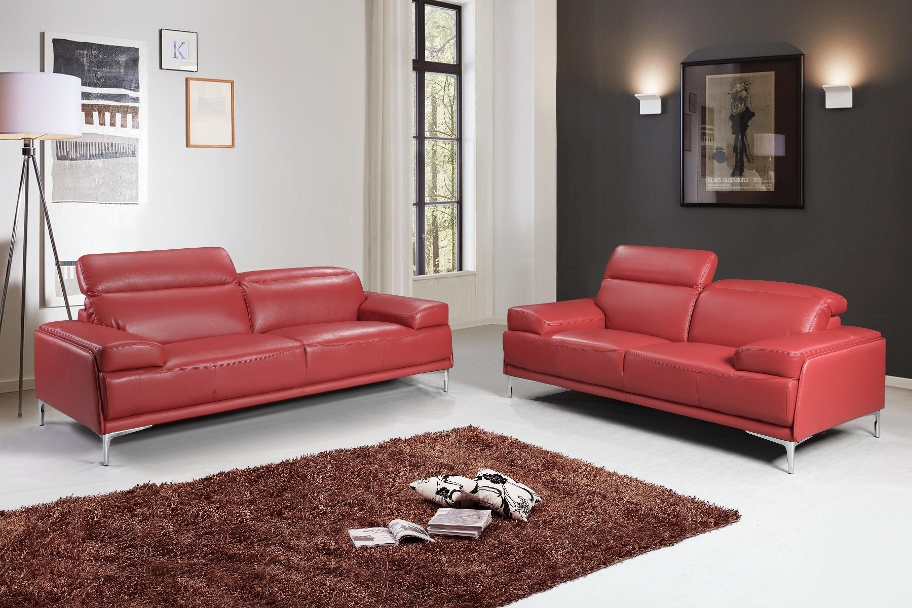 Sofa Set With Adjustable Headrests Metal Leg Designer Couch Red