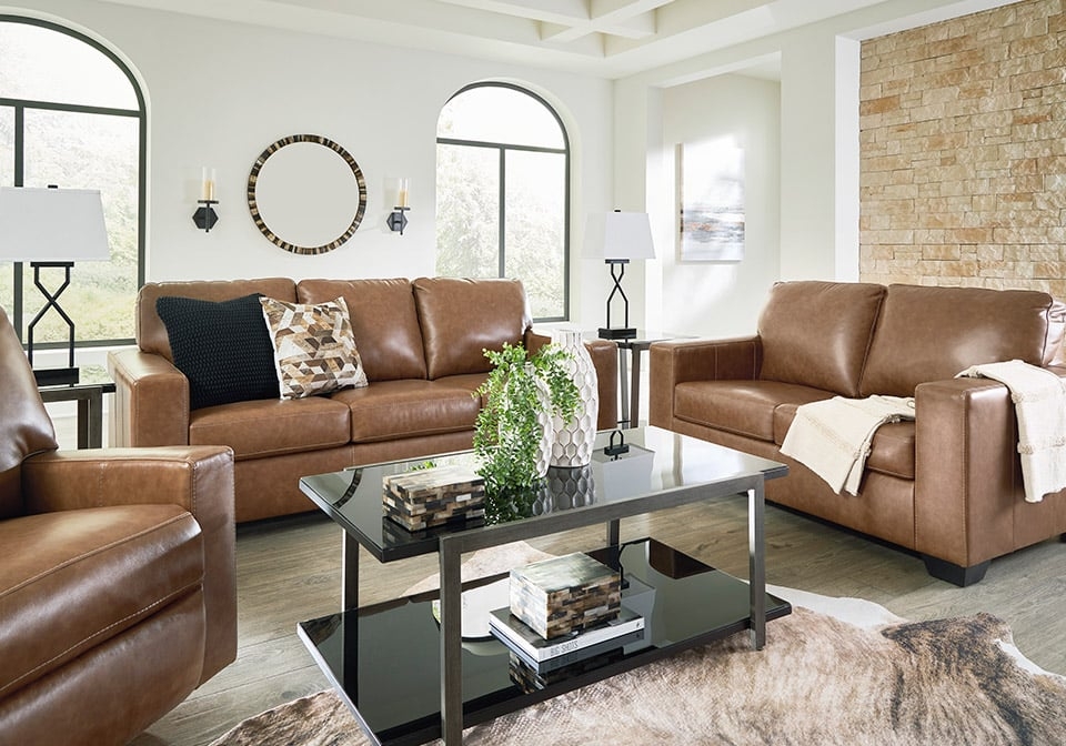 Sofa Set with Black Glass Tier and Transitional Living Room Decor