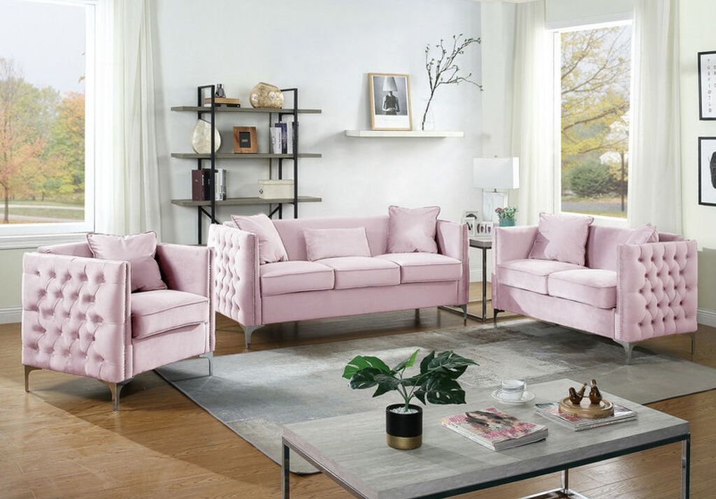 Sofa Set with Chrome Accents and Tufted Tuxedo Style High Arms