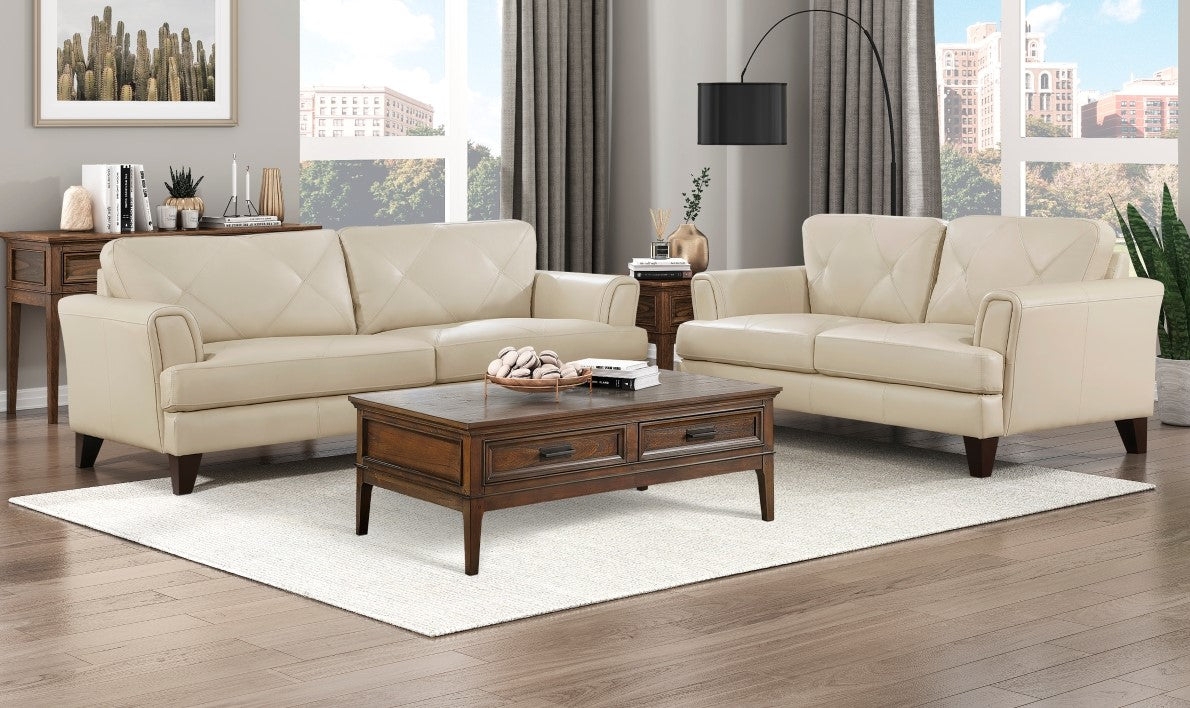 Sofa Set With Diamond Stitching: Cream Upholstered Living Room
