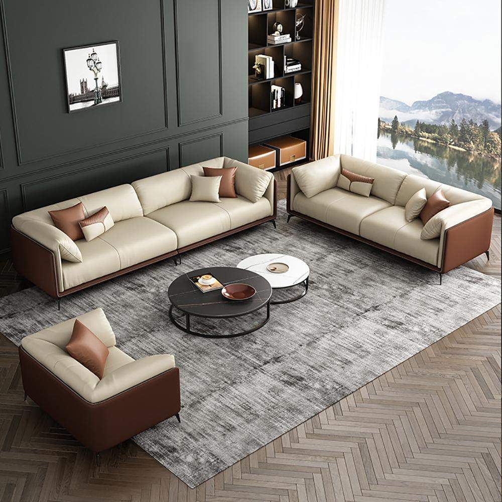 Sofa Set With Two Tone Upholstery: Brown and Cream Living Set