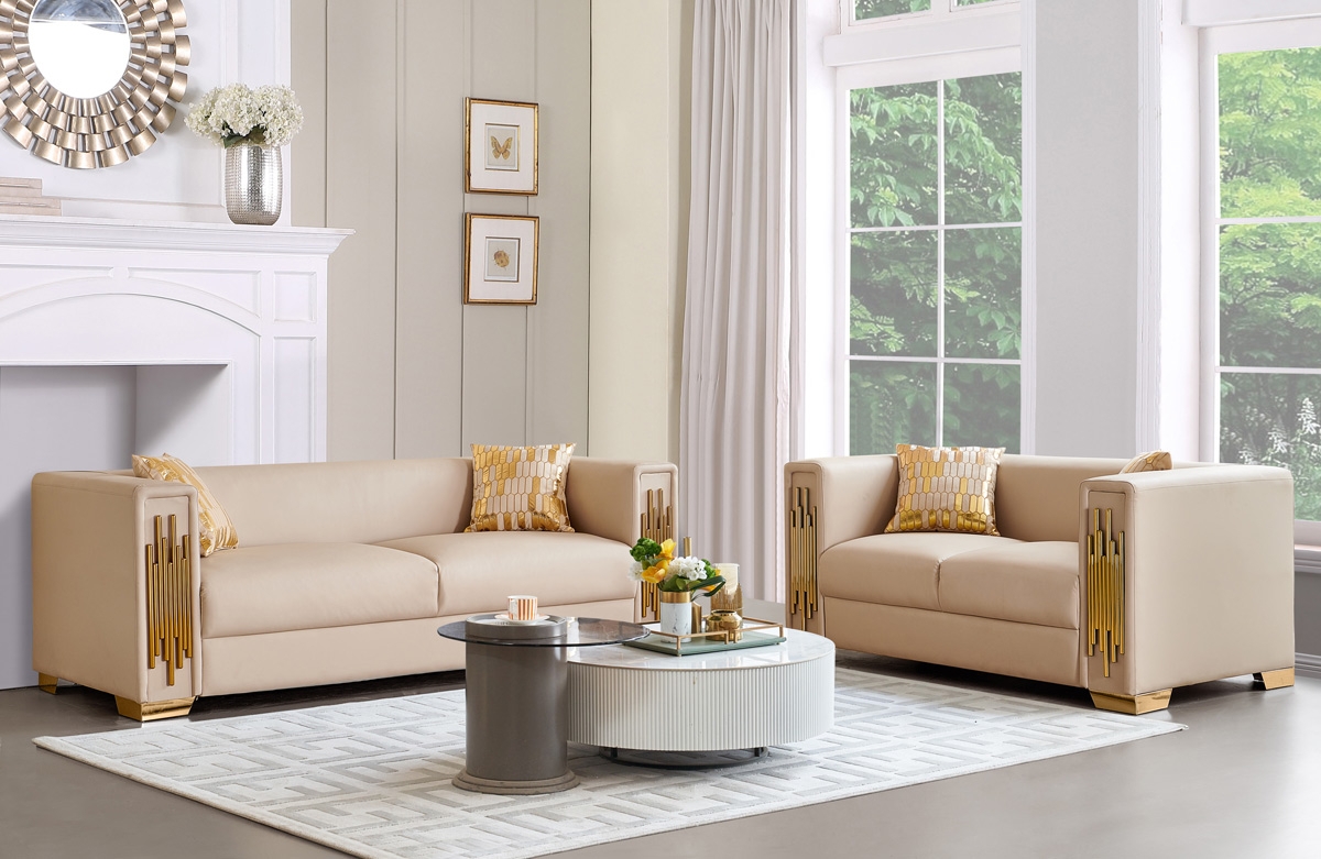 Sofa Set With Vertical Gold Bars: Glamorous Gold Trim Design