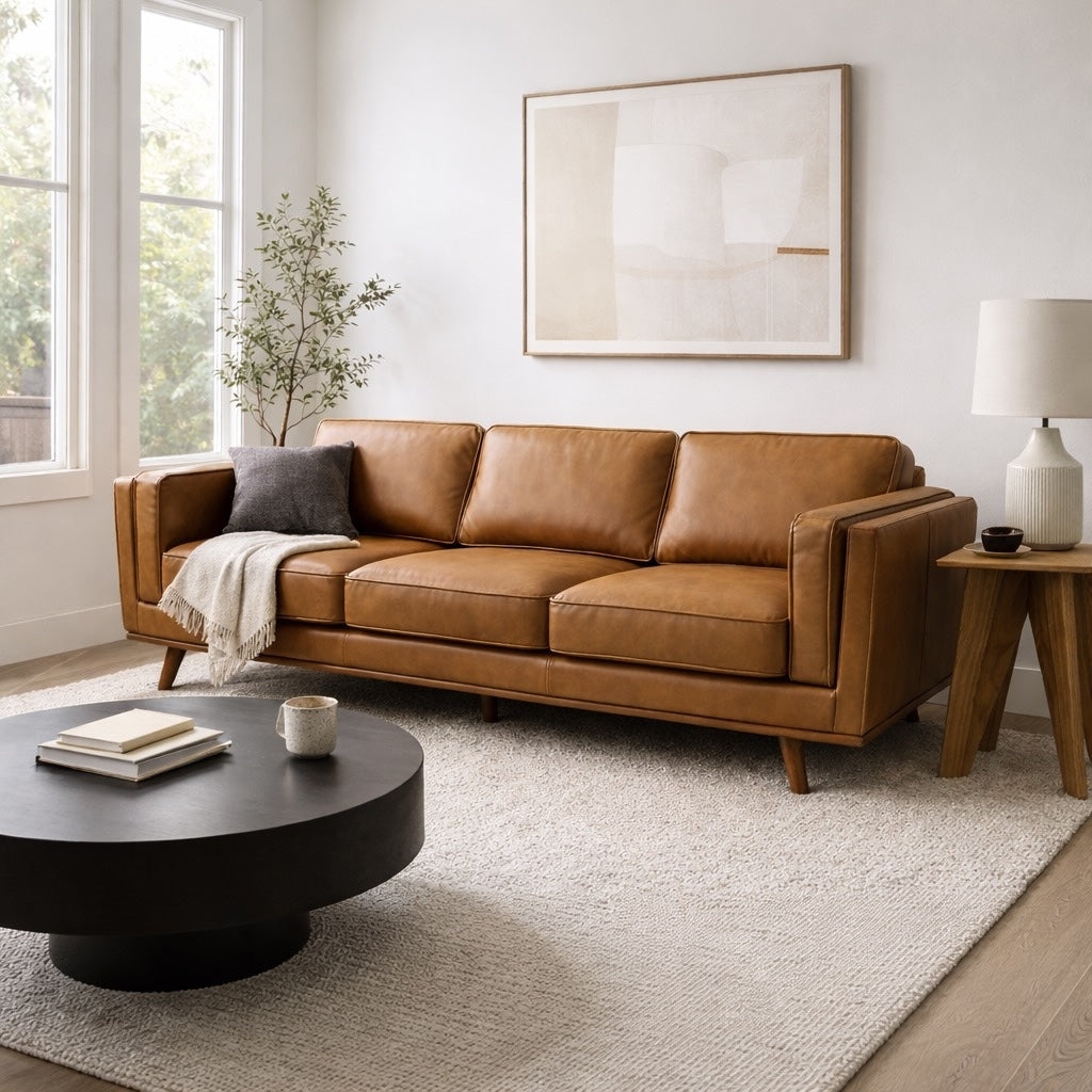 Sofa Smooth Tan Leather Tapered Legs Track Arm Couch