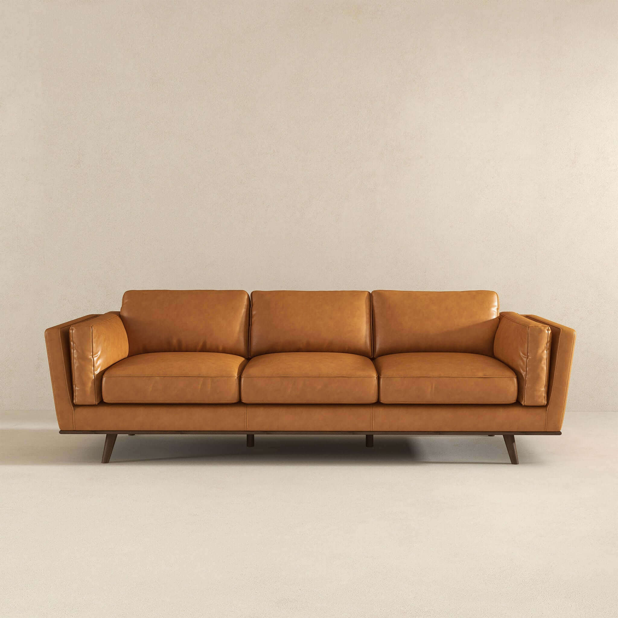 Sofa Square Track Arms Walnut Base Tapered Leg Tan Leather Sofa