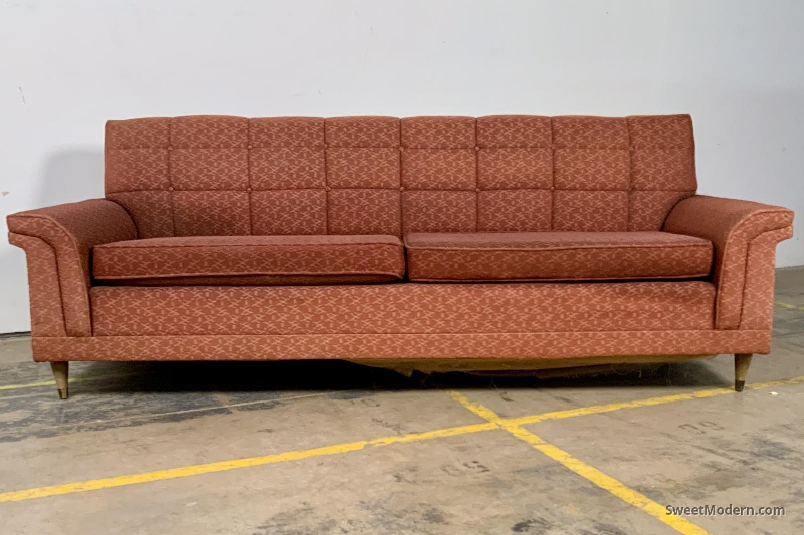 Sofa: Square Tufted Back Atomic Retro Sofa in Burnt Orange