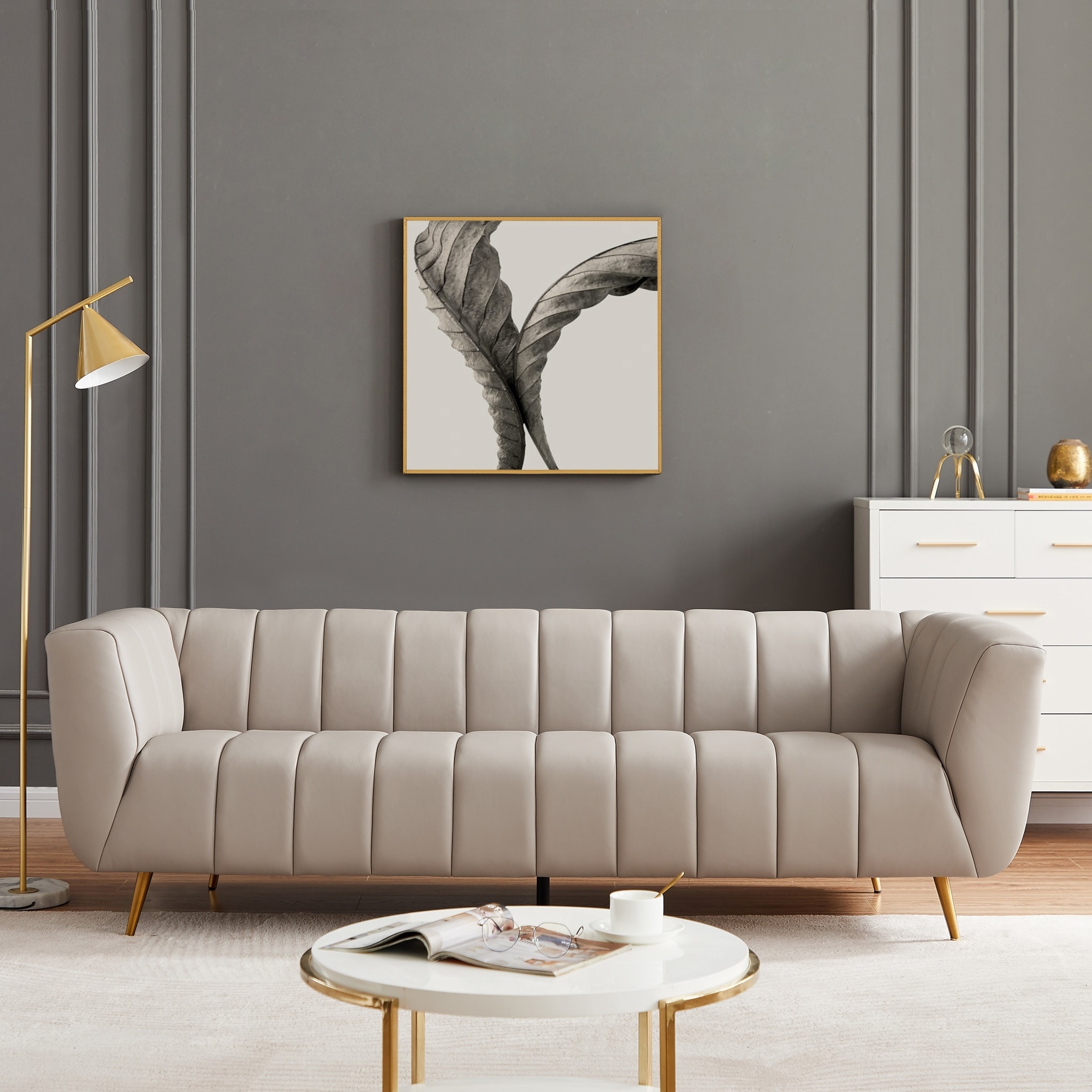 Sofa Tapered Gold Legs Vertical Channel Tufted Grey