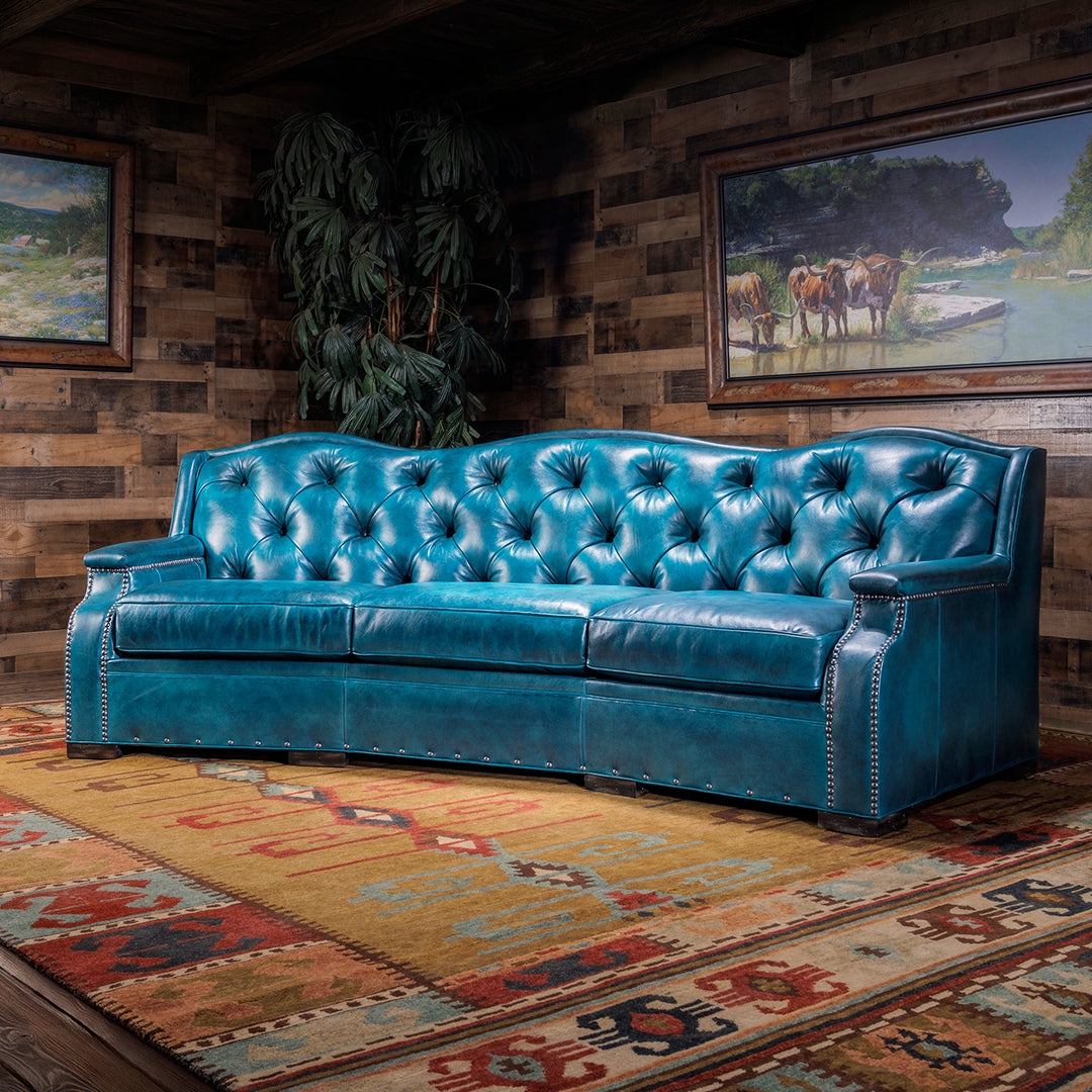 Sofa: Turquoise Leather Camelback Traditional Design