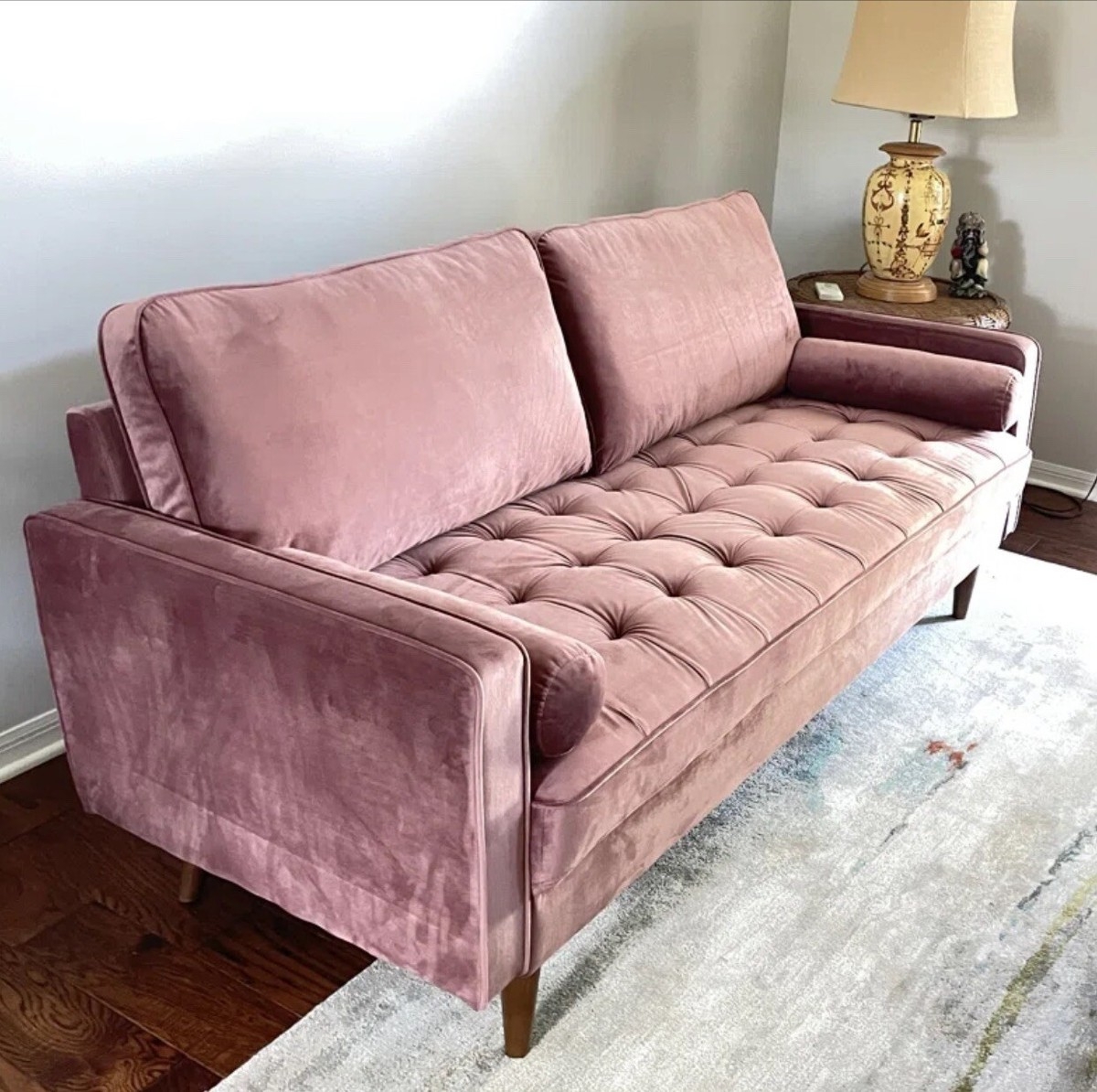 Sofa with Bolster Pillows and Mid-Century Pink Couch Style
