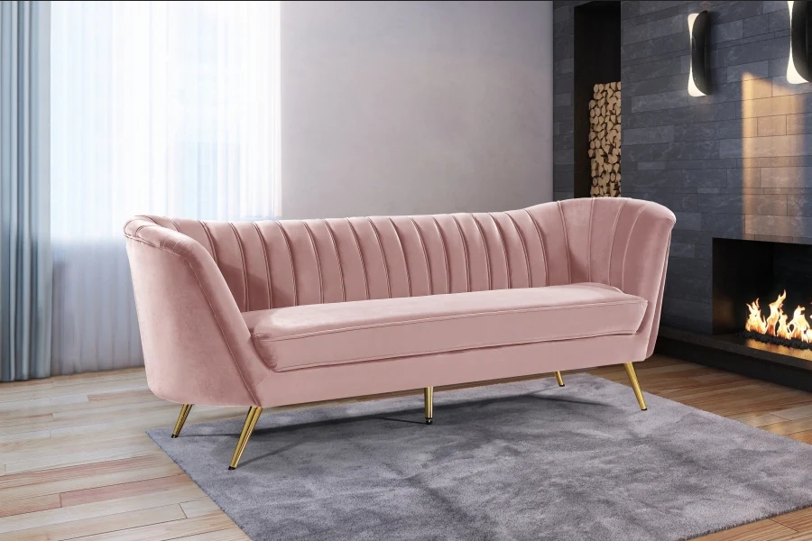 Sofa with Curved Back and Flared Arms Pink Velvet Channel Style