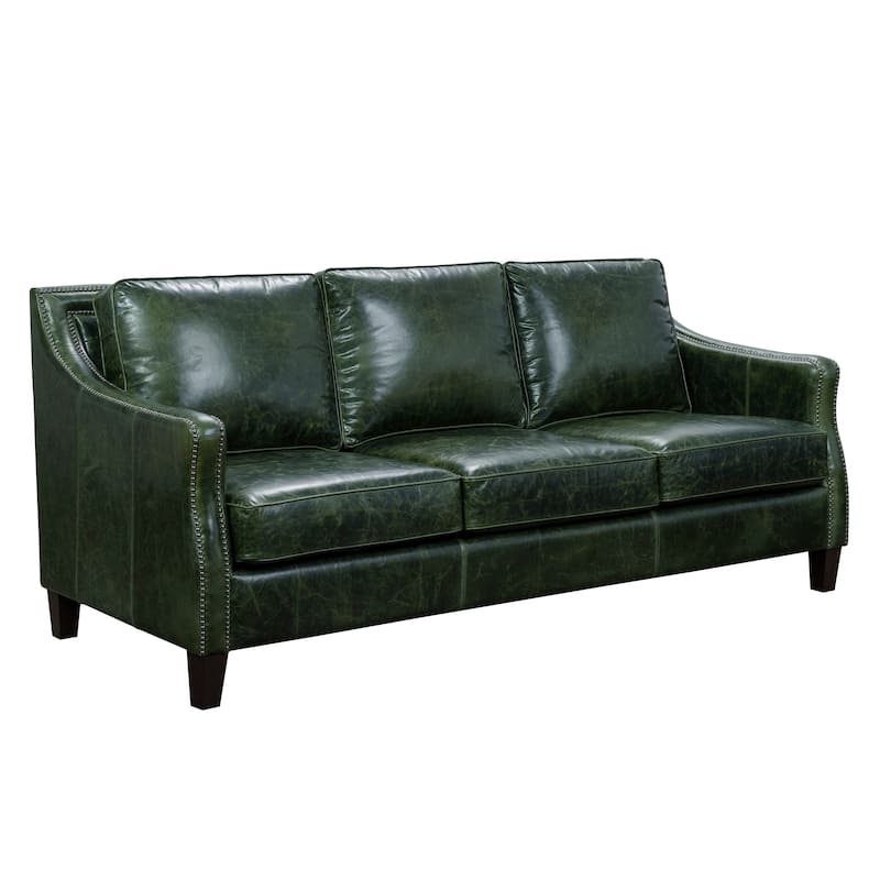 Sofa with distressed green leather and silver nailheads