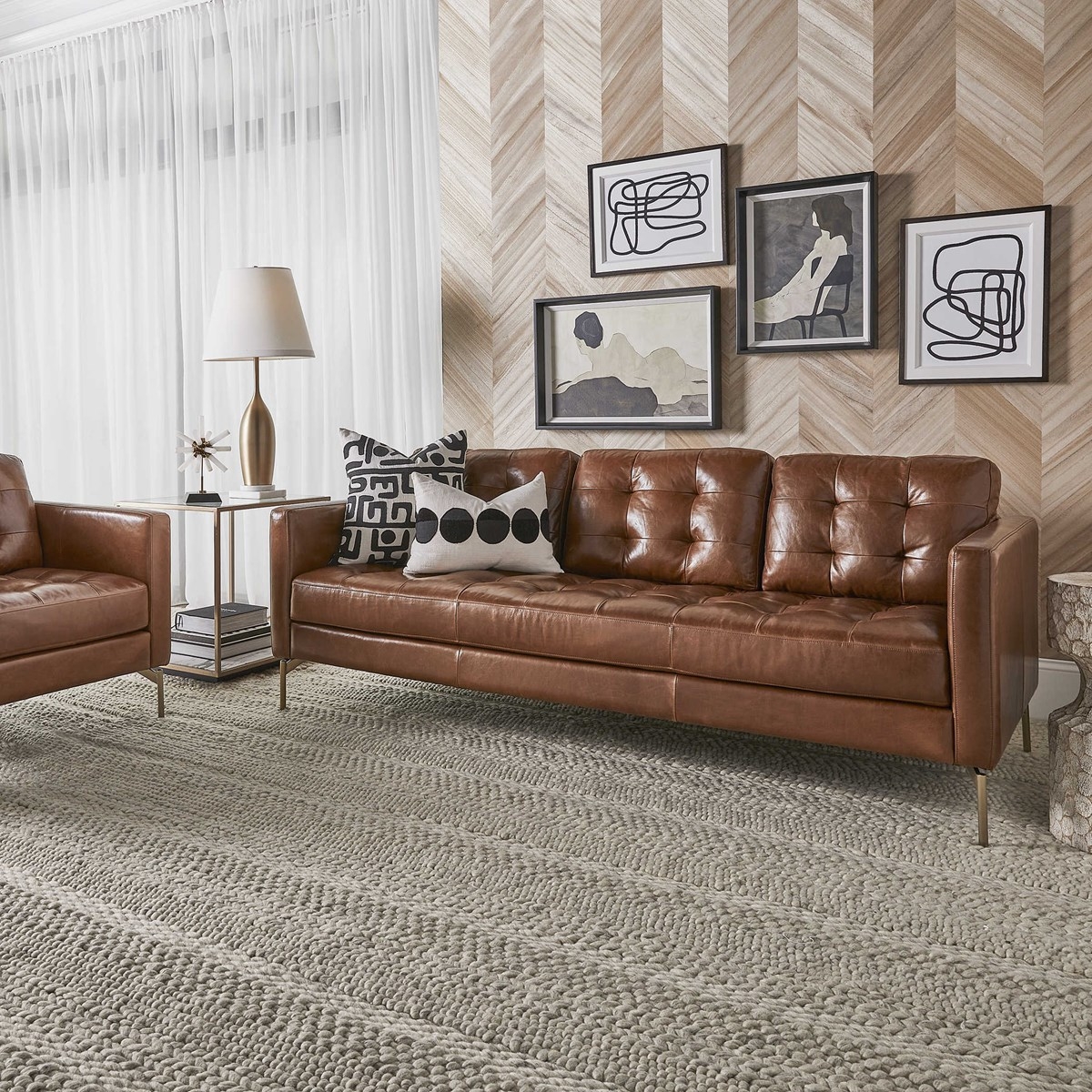 Sofa with Grid Tufting and Slim Tapered Gold Legs Seating