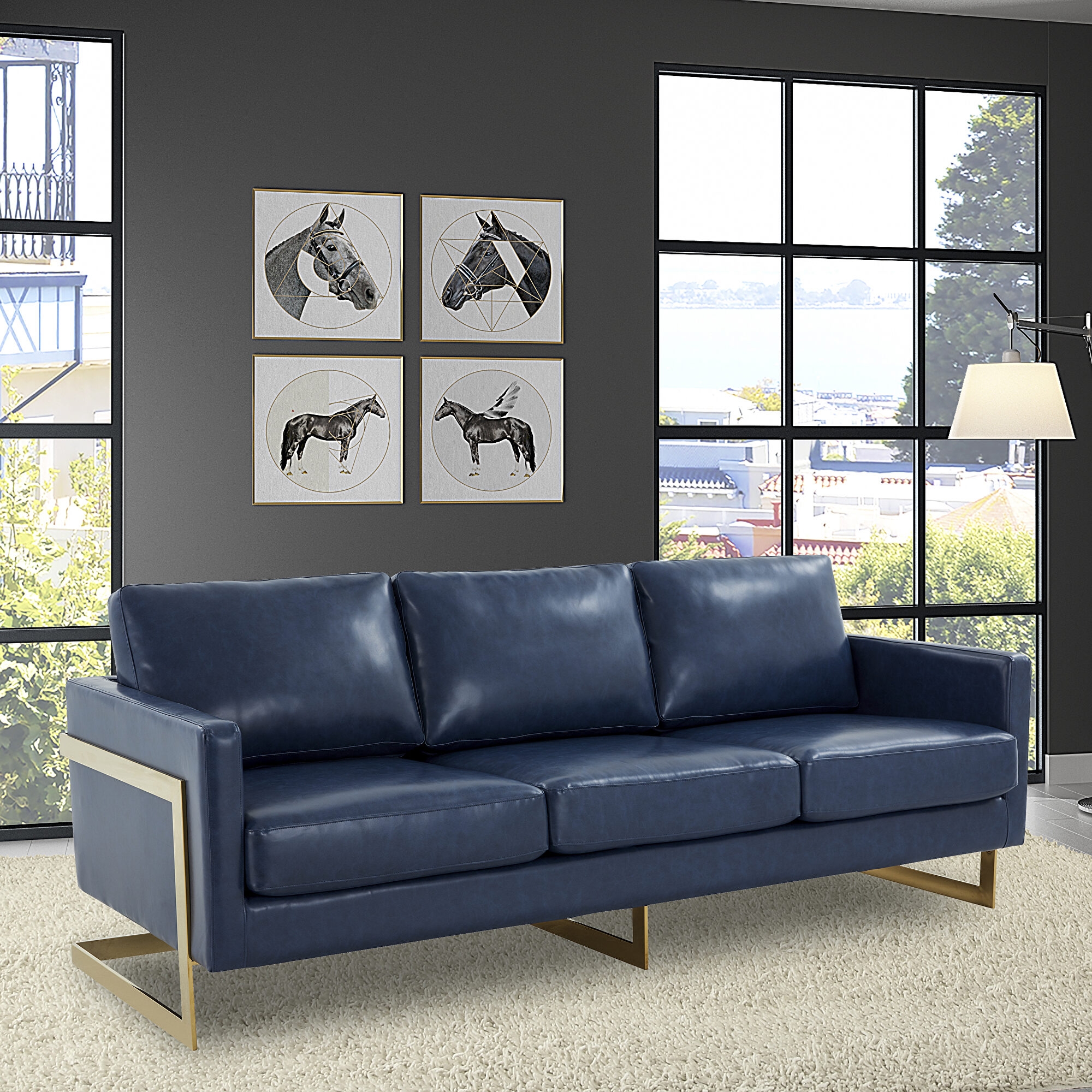 Sofa with Integrated Metal Arms and Gold Sled Base