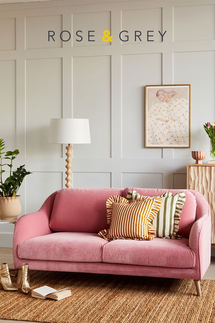 Sofa with Ruffled Striped Pillows and Bobbin Floor Lamp Style