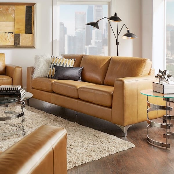 Sofa with Silver Tapered Legs and 91 Inch Faux Leather Couch