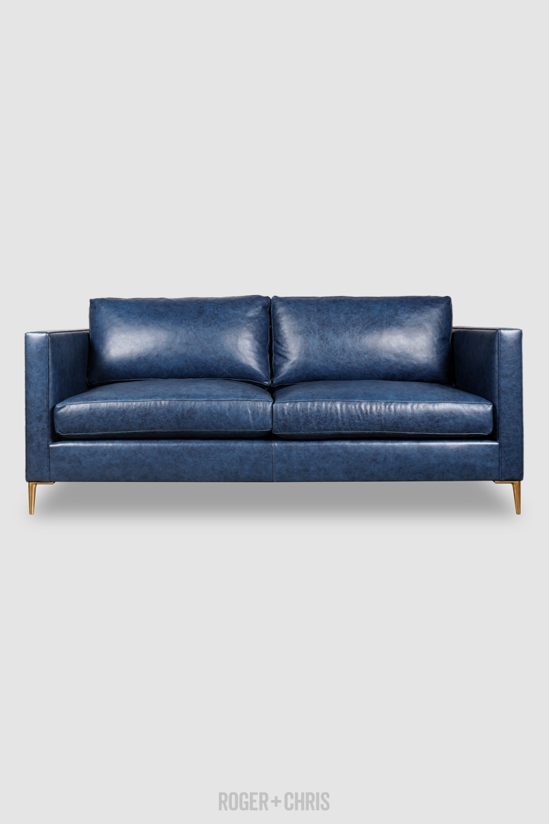 Sofa with Slender Gold Legs and Blue Leather Track Arms