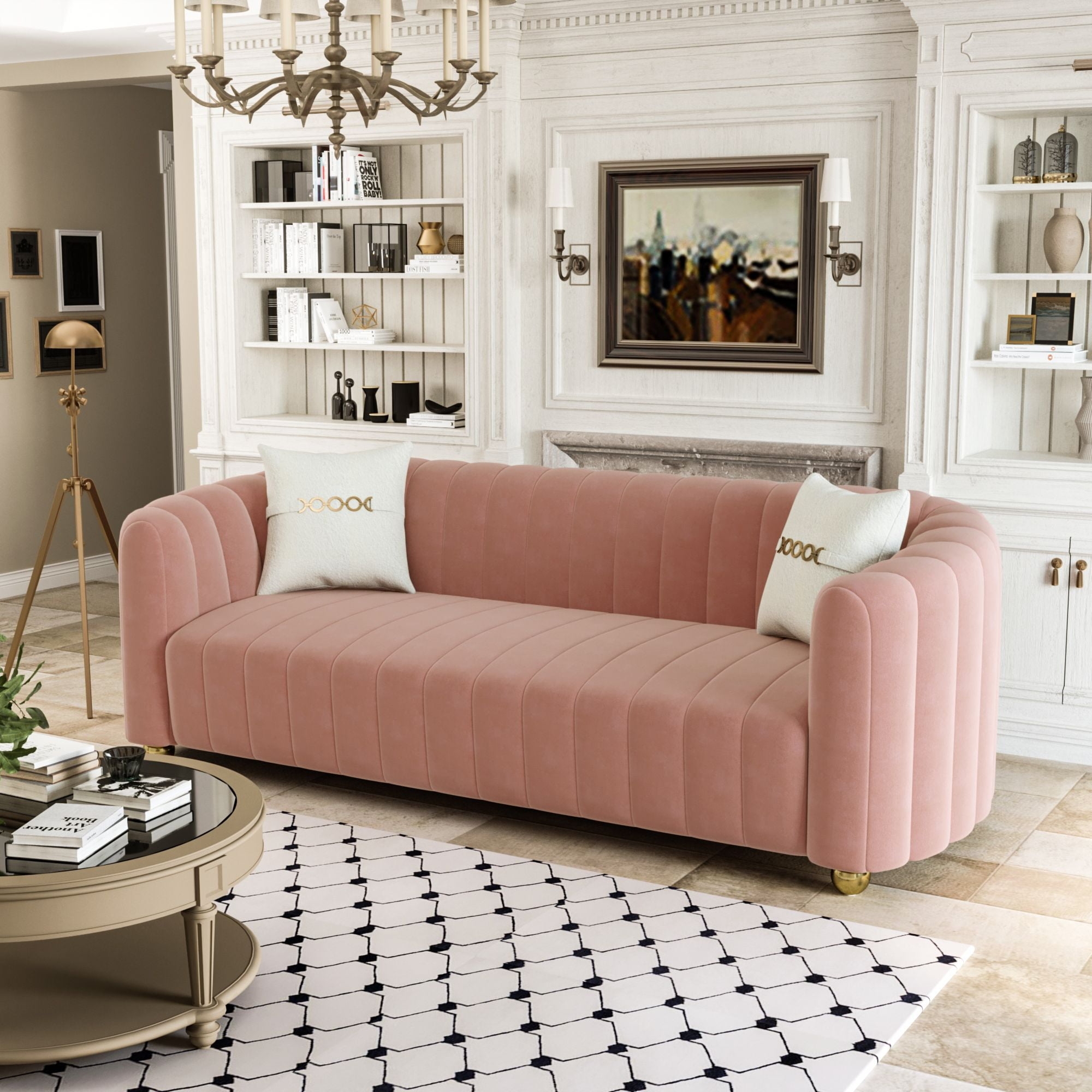 Sofa with Vertical Channel Tufting and Polished Gold Bun Feet