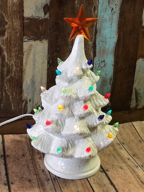 Speckled Ceramic Tree with Orange Star Topper and Lights