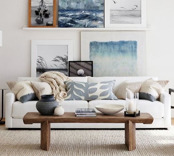 Square Arm Sofa in Crisp White with Rustic Wood Base and Blue Accents