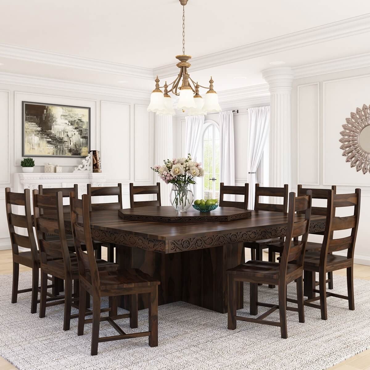Square Dining Table Set with Carved Edge Detail and Turntable