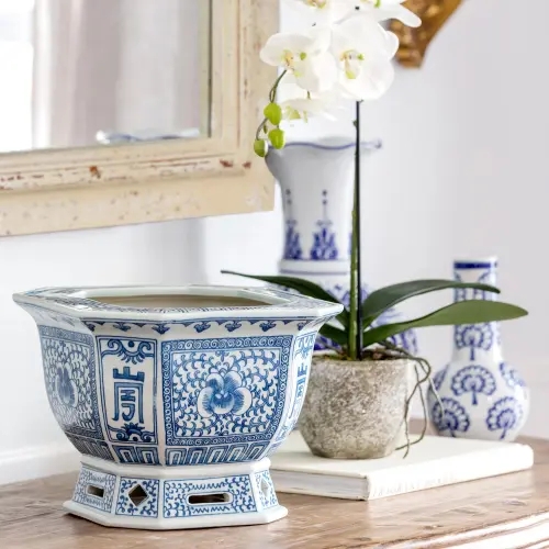 Square Planter: Pierced Base Octagonal Profile & Footed Square Ceramic