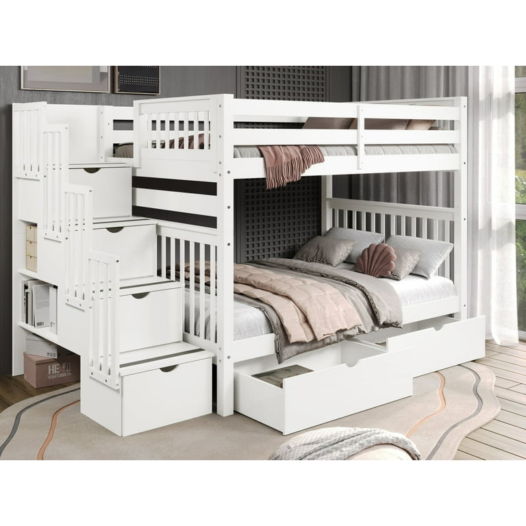 Stairway Bunk Bed White Wood Storage Drawers Full Unit