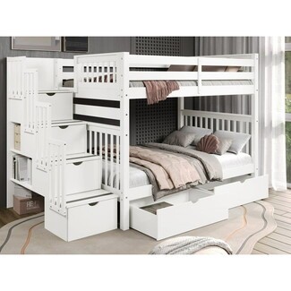 Stairway Bunk Bed White Wood Storage Drawers Full Unit