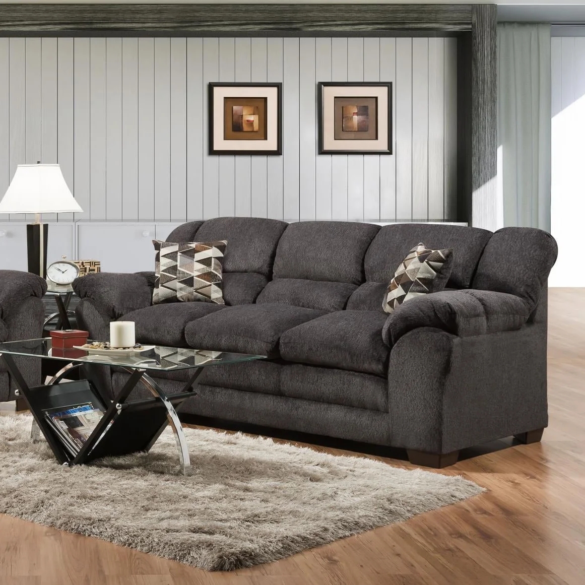 Stationary Sofa Plush Pillow Back Contemporary Grey Seating