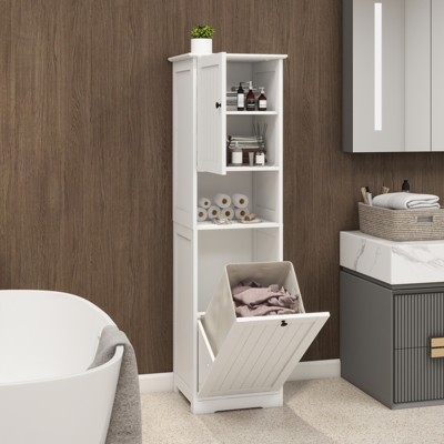 Storage Cabinet: 55 Inch Tall Wood Toned Hidden Hamper Unit