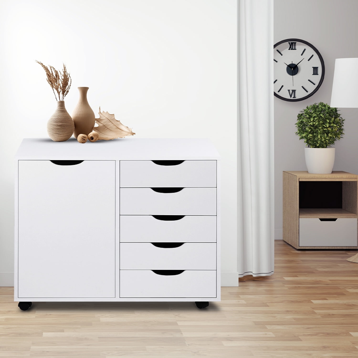 Storage Cabinet Caster Wheels Finger Pull Handles Asymmetrical Mobile Unit