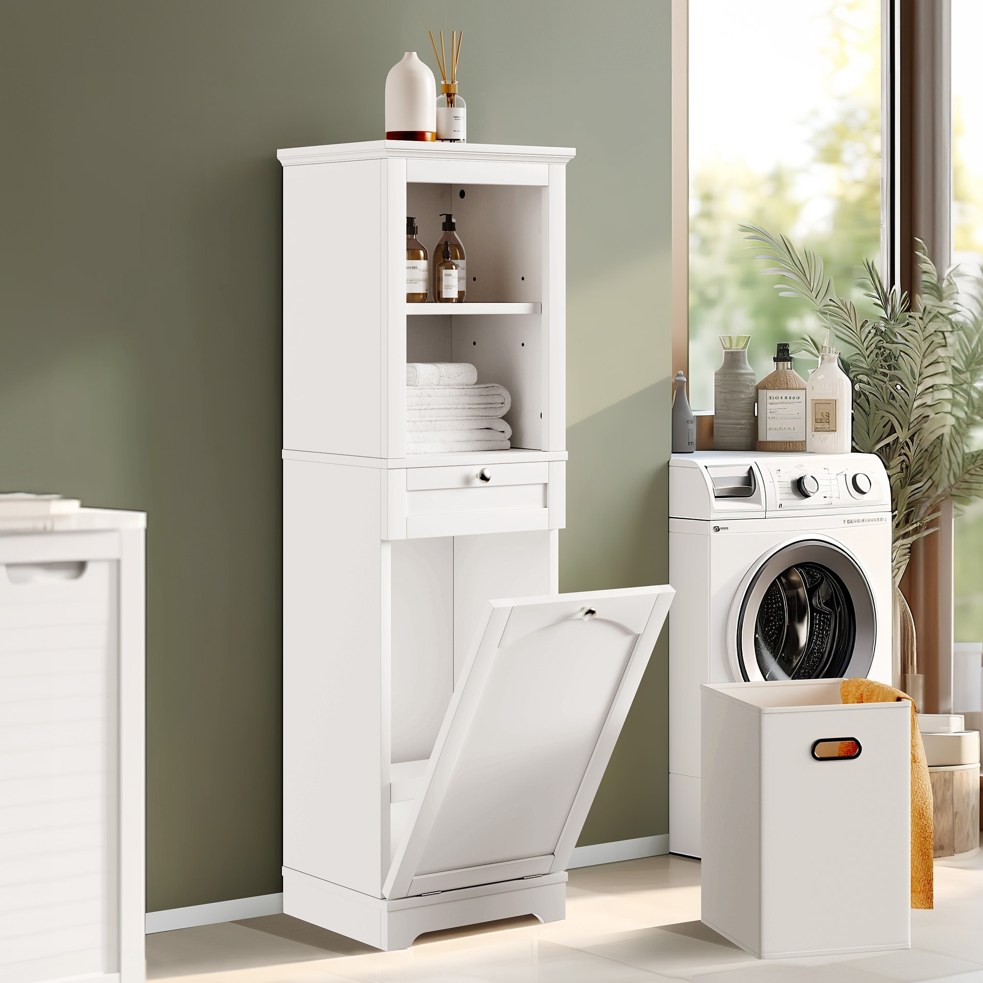 Storage Cabinet: Slim Profile Open Upper Shelving Utility Tower
