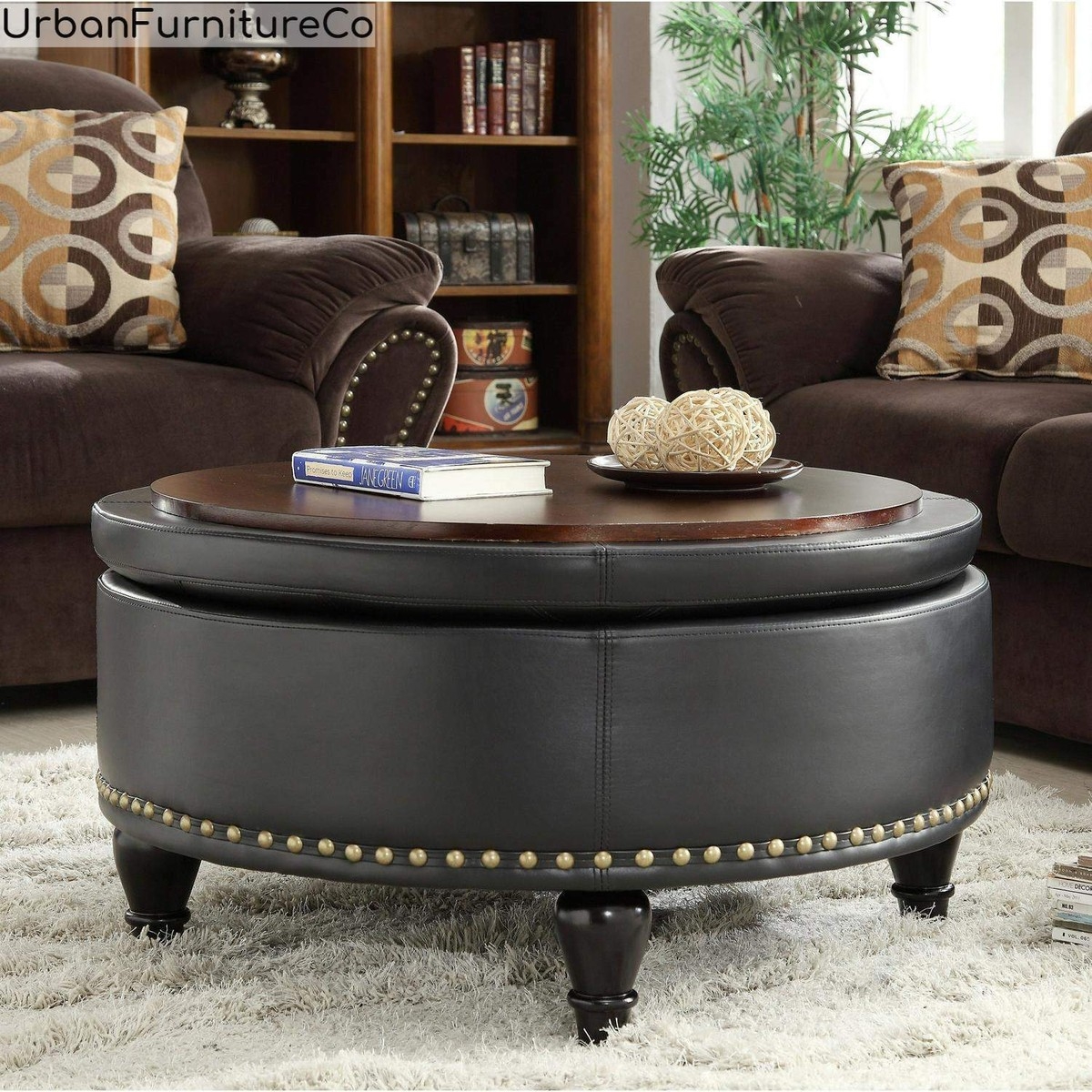 Storage Ottoman: Espresso Flip Top Tray with Nailhead Trim