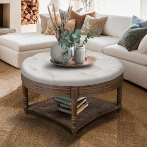 Storage Ottoman: Light Gray Farmhouse Round Two Tier Shelf